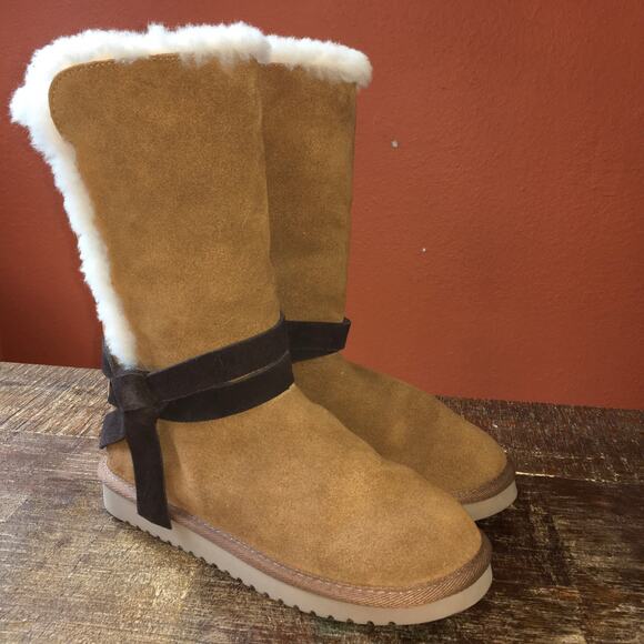 Koolaburra by UGG Rozalia Tall Fur Lined Boot Womens 8 Tie Shearling Suede Brown - Picture 11 of 11